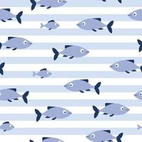 sem costura padrão de peixes azuis sobre fundo azul e branco listrado. bom para têxteis, papel, fundo, scrapbooking. vetor