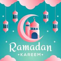 lua crescente de ramadan kareem e conceito de corte de papel de mesquita vetor