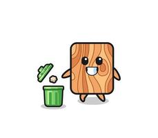 ilustração da prancha de madeira jogando lixo na lata de lixo vetor