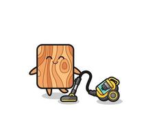madeira de prancha fofa segurando ilustração de aspirador de pó vetor