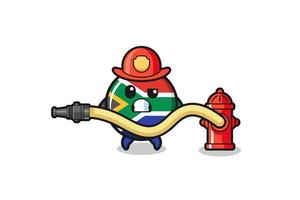 desenho de bandeira da áfrica do sul como mascote de bombeiro com mangueira de água vetor