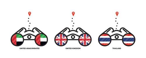 ícones de localização de bandeiras do país. visualizando locais do país com binóculos, ícones de localização para viagens. bandeiras dos Emirados Árabes Unidos, Reino Unido, Tailândia. traço editável. vetor