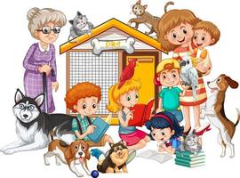 família com seus cães em estilo cartoon vetor