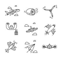 conjunto de ícones relacionados ao avião. conjunto de ícones como avião a jato, hélice, controlador piloto, avião de papelão. conjunto de ícones relacionados a peças de avião. conjunto de espessura listrada normal.