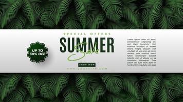 banner de venda de verão com fundo de folhas tropicais. ilustração vetorial vetor