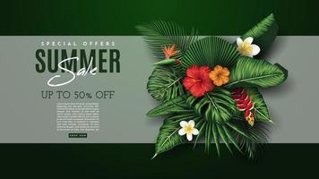 banner de venda de verão com fundo de folhas tropicais. ilustração vetorial vetor