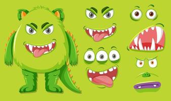 Monstro verde com expressão facial diferente vetor