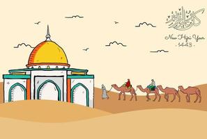 ilustração em vetor de feliz novo ano hijri 1443 com uma única linha. feliz ano novo islâmico. design gráfico para os certificados, banners e flyer. traduzir do árabe feliz novo ano hijri 1443