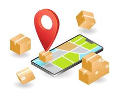 conceito de página de destino de ilustração isométrica plana. localização de entrega de mercadorias por aplicativo para smartphone gps vetor
