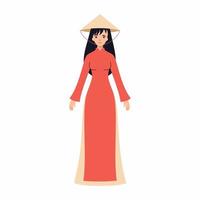 linda mulher vietnamita em roupas tradicionais e cocar. povo do Vietnã. símbolo de vetor em estilo simples. menina asiática em vestido longo.