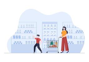 supermercado com prateleiras, itens de mercearia e carrinho de compras completo, varejo, produtos e consumidores em ilustração de plano de fundo dos desenhos animados vetor