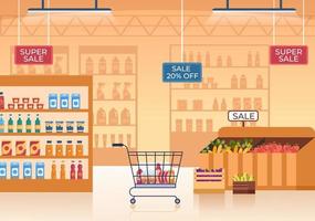 supermercado com prateleiras, itens de mercearia e carrinho de compras completo, varejo, produtos e consumidores em ilustração de plano de fundo dos desenhos animados vetor