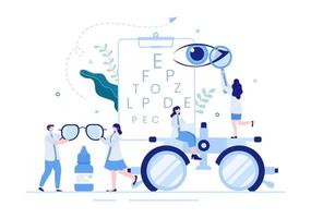 oftalmologia da visão do paciente, teste de olhos ópticos, tecnologia de óculos e escolha de óculos com lente de correção em ilustração plana de desenho animado