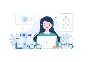 oftalmologia da visão do paciente, teste de olhos ópticos, tecnologia de óculos e escolha de óculos com lente de correção em ilustração plana de desenho animado vetor