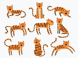 personagem de tigre bonito em diferentes poses isoladas em um fundo branco. vetor