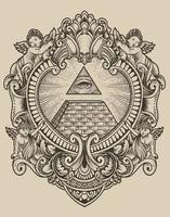 ilustração da pirâmide illuminati com estilo de gravura vetor