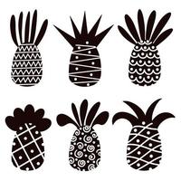 conjunto de vetores de abacaxi. frutas tropicais com ornamento. coleção de doodle desenhado à mão, silhueta. ícones monocromáticos. uma sobremesa exótica. cor preto e branco.