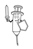 seringa de vacina de desenho animado com contorno de espada e escudo vetor