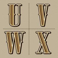 letras do alfabeto ocidental design vintage vetor u, v, w, x