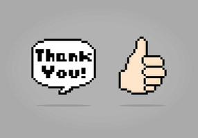 Pixels de 8 bits de bolha de fala obrigado e mão polegar para cima. ícone de bate-papo para ativos de jogos em ilustrações vetoriais.