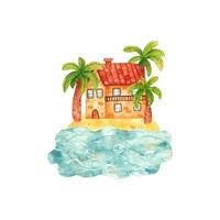 casas de aquarela de desenho animado desenhadas à mão aconchegantes da cidade na praia. edifícios e um castelo com uma torre e um relógio na costa. ilustração de paisagem, natureza, férias de verão vetor