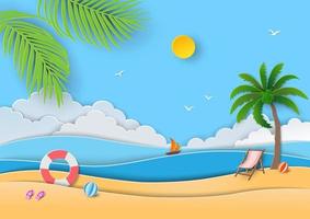 relaxamento de verão com vista para o mar azul, areia, sol, anel de natação, sandálias, bola de praia e coqueiro em corte de papel e estilo artesanal vetor