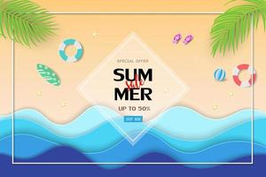 fundo de venda de verão com praia tropical de corte de papel e equipamentos na praia de areia, design para cartaz, banner web, desconto de voucher ou promoção de compras vetor