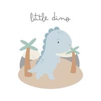 pequeno dinossauro fofo. estilo de desenho animado. ilustração vetorial. para coisas infantis, cartão, cartazes, banners, livros infantis, impressão na embalagem, impressão em roupas, tecidos, papel de parede, têxteis ou pratos. vetor