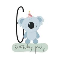 festa de aniversário, cartão, convite para festa. ilustração de crianças com coala fofo e o número seis. ilustração vetorial em estilo cartoon. vetor
