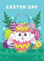 feliz dia de páscoa, com um coelhinho em um ovo e algumas lindas flores vetor