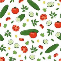 padrão perfeito de legumes de verão - pepinos, tomates, flores e folhas vetor