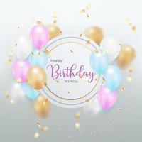 design de plano de fundo feliz aniversário para cartão de felicitações. banner de aniversário com balão realista, arco-íris, confete. vetor