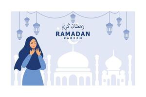 feliz ramadã eid banner de saudação com mulher de oração usar hijab vetor