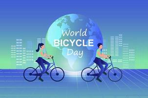 dia mundial da bicicleta, casal andando de bicicleta na ilustração vetorial da cidade vetor