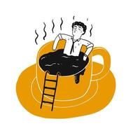 Desenho de homem descansando na xícara de café vetor