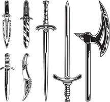 pacote de vetores de armas meele. conjunto de espada isolada, punhal e machado.
