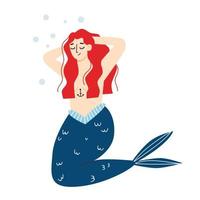 sereia bonita com cabelo vermelho e com tatuagem de âncora. ilustração vetorial plana. vetor