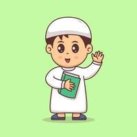 lindo menino muçulmano segurando a ilustração vetorial do Alcorão, menina muçulmana com vetor premium dos desenhos animados hijab