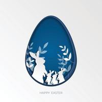 ilustração de corte de papel abstrato 3D da família de coelhos coloridos, grama e forma de ovo azul. modelo de cartão de feliz páscoa. vetor
