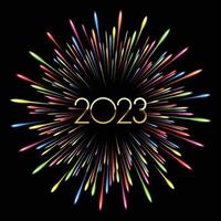 fogos de artifício coloridos 2023 ilustração vetorial de ano novo, brilhante em fundo preto. ilustrador vetor