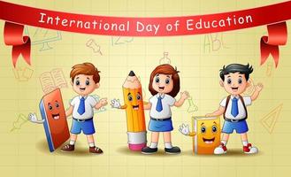 dia internacional da educação com três alunos vetor