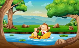 fofo um macaco relaxando na bóia salva-vidas de pato na ilustração do rio