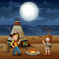 desenho animado o explorador menino e menina acampando no deserto vetor