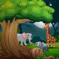 elefantes de desenho animado e girafa na selva à noite vetor