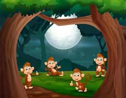 grupo de macacos na selva à noite ilustração