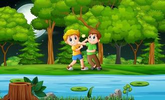 meninos de ilustração dos desenhos animados lutando na beira do rio vetor