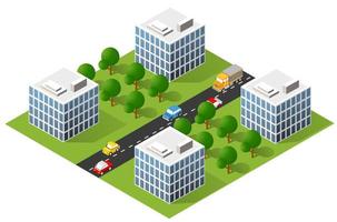 área urbana da cidade de ilustração 3d isométrica com muitas casas e arranha-céus, ruas, árvores e veículos