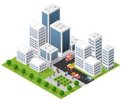 área urbana da cidade de ilustração 3d isométrica com muitas casas e arranha-céus, ruas, árvores e veículos