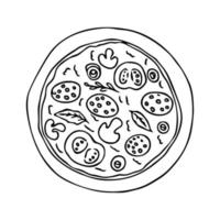 doodle pizza desenhada de mão, forma redonda, contorno isolado na ilustração vetorial de estoque de fundo branco. ilustração vetorial vetor