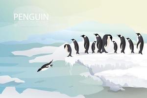 Pinguins e família em fundo de gelo vetor